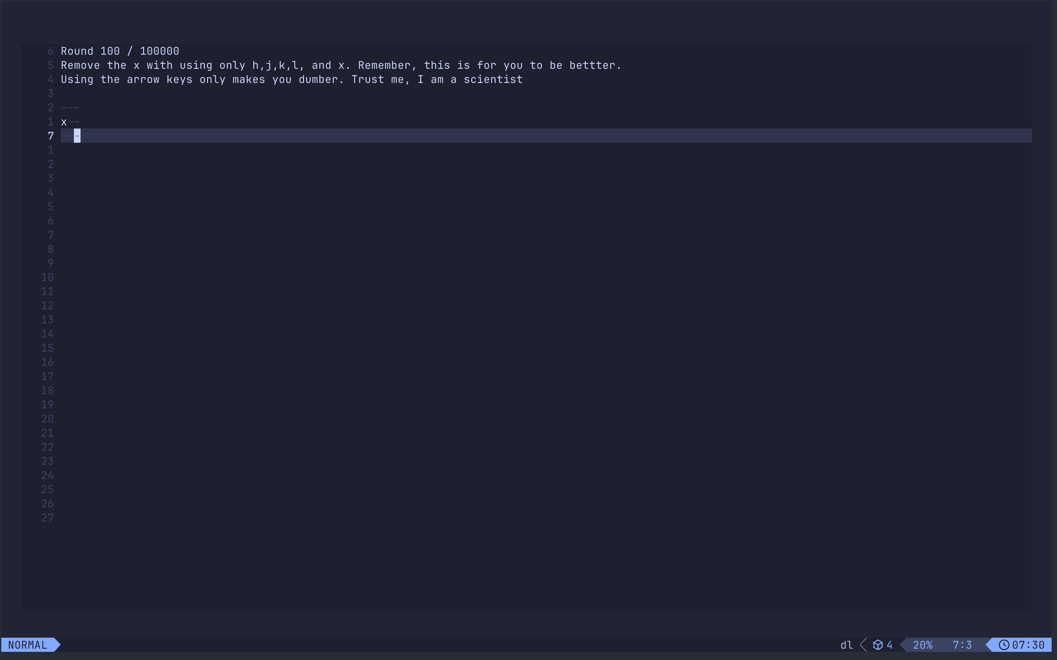 Vim Be Good practice tool at 100% level