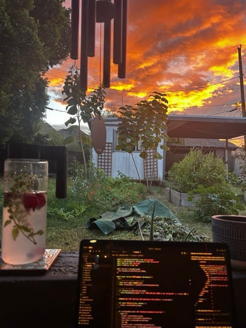 Garden drink on a patio table at sunset